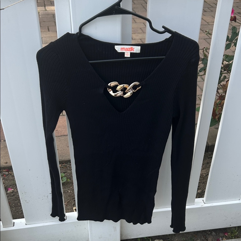 Mazik Black Ribbed Top with Gold Chain Detail